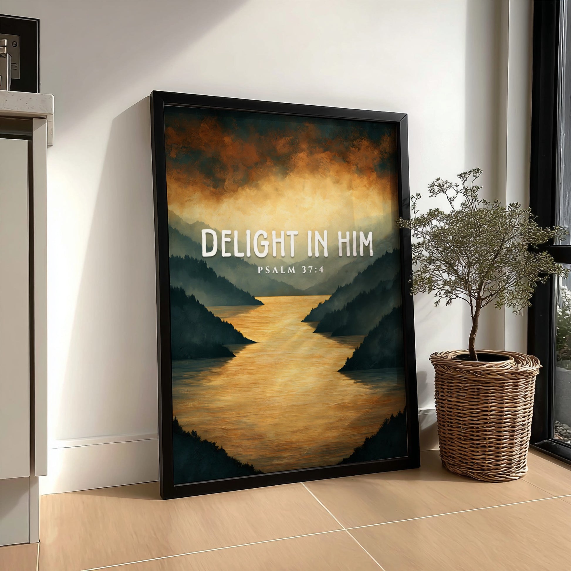Delight in Him poster featuring serene landscape and Psalm 37:4 in warm colors