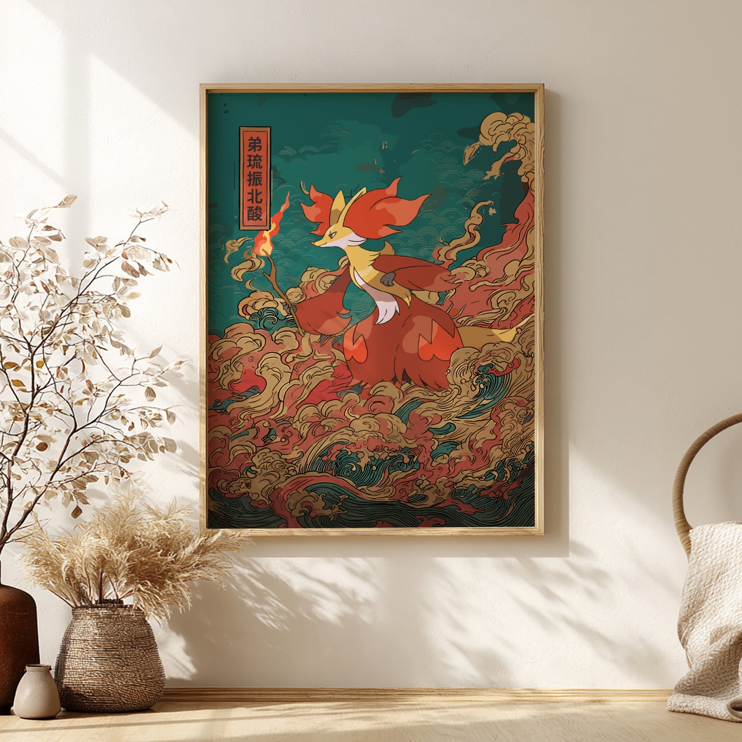 Framed artwork of Delphox Pokemon with flames on a teal background, displayed in a room with decorative elements.
