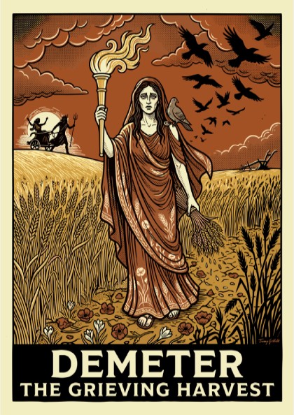 Demeter Greek Mythology Poster featuring the goddess of harvest holding a torch and wheat in vintage style.