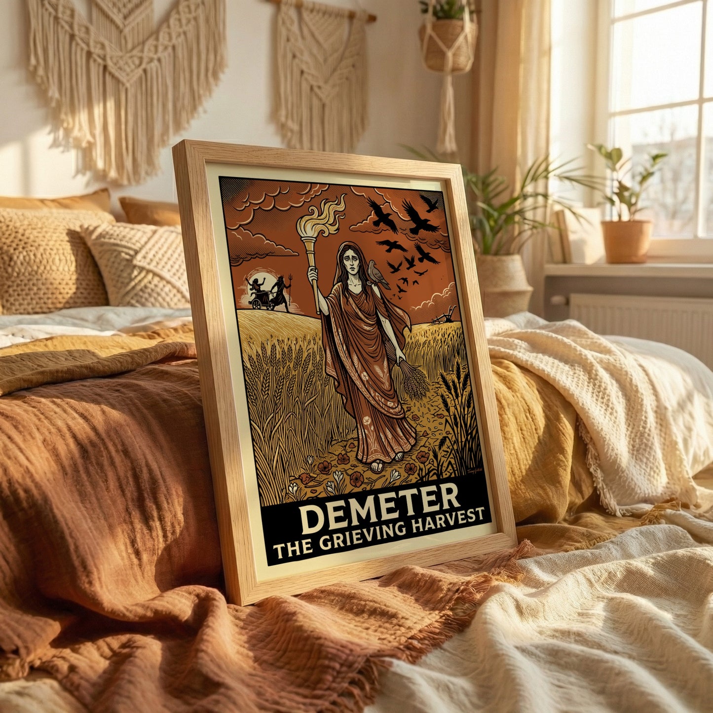 Demeter Greek Mythology Poster featuring the goddess of harvest holding a torch and wheat in vintage style.