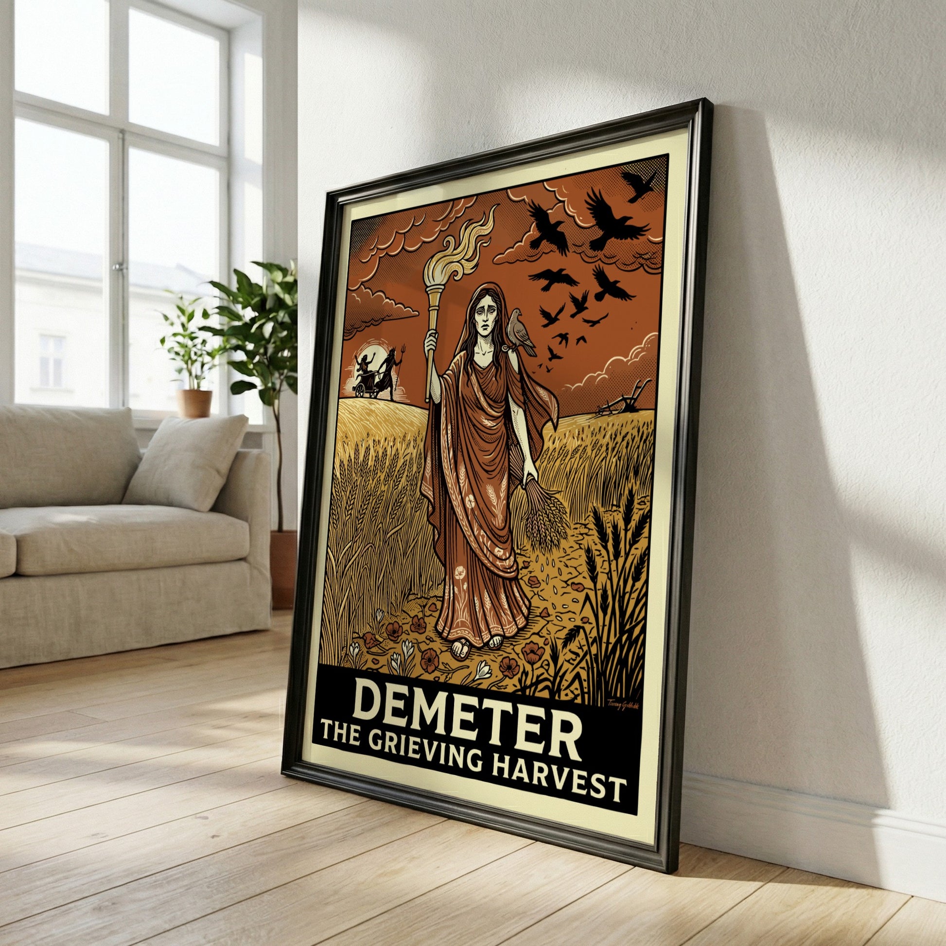 Demeter Greek Mythology Poster featuring the goddess of harvest holding a torch and wheat in vintage style.