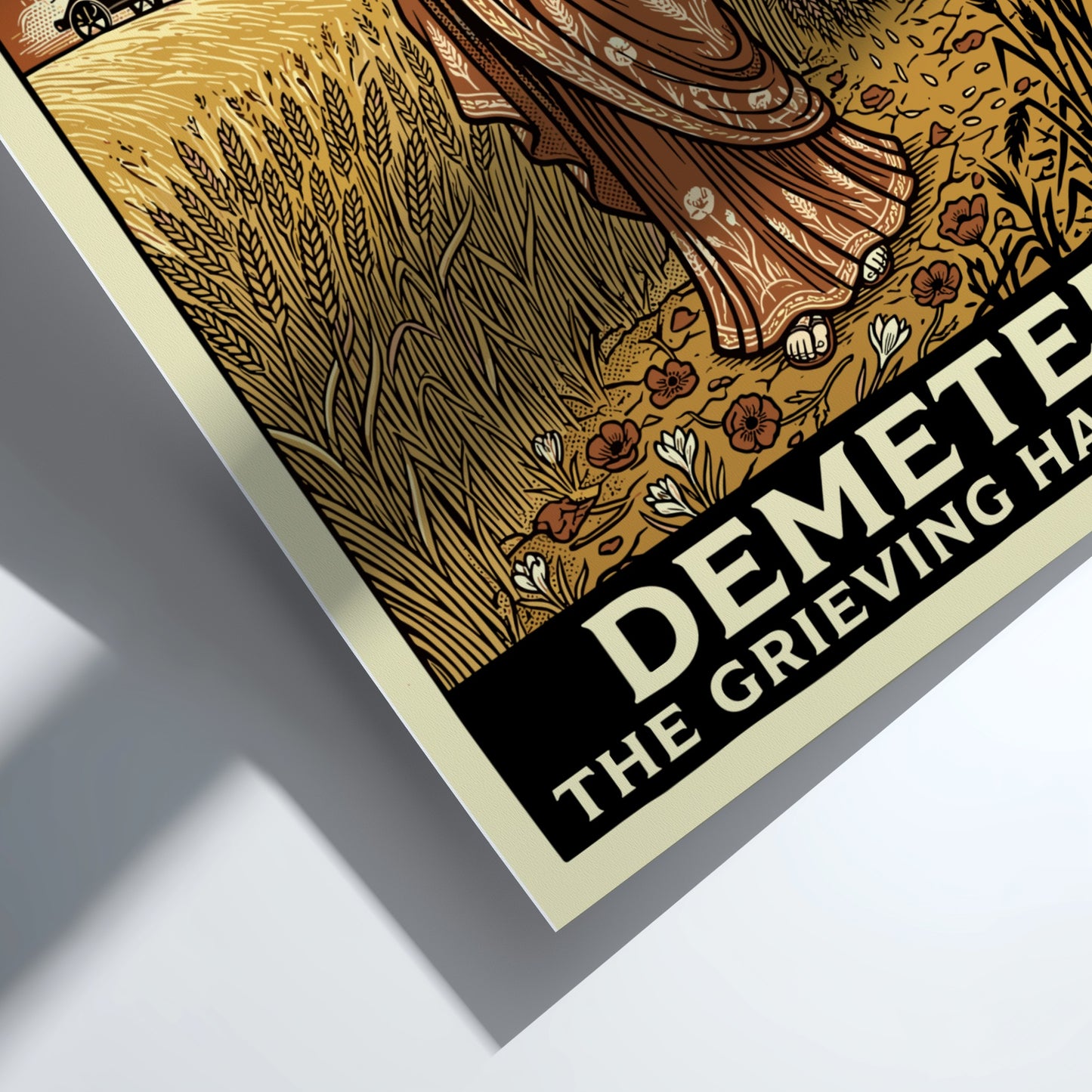 Demeter Greek Mythology Poster featuring the goddess of harvest holding a torch and wheat in vintage style.
