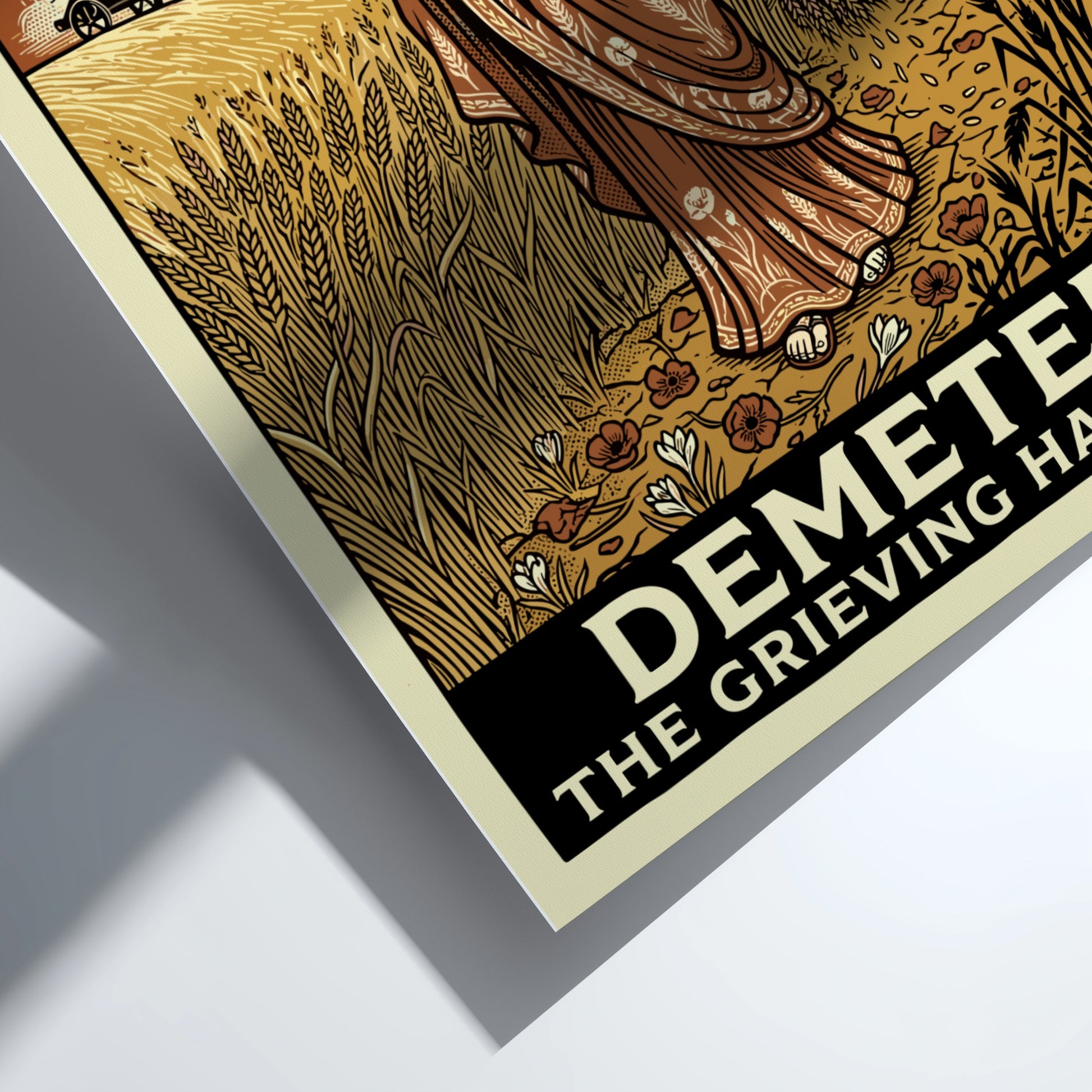 Demeter Greek Mythology Poster featuring the goddess of harvest holding a torch and wheat in vintage style.
