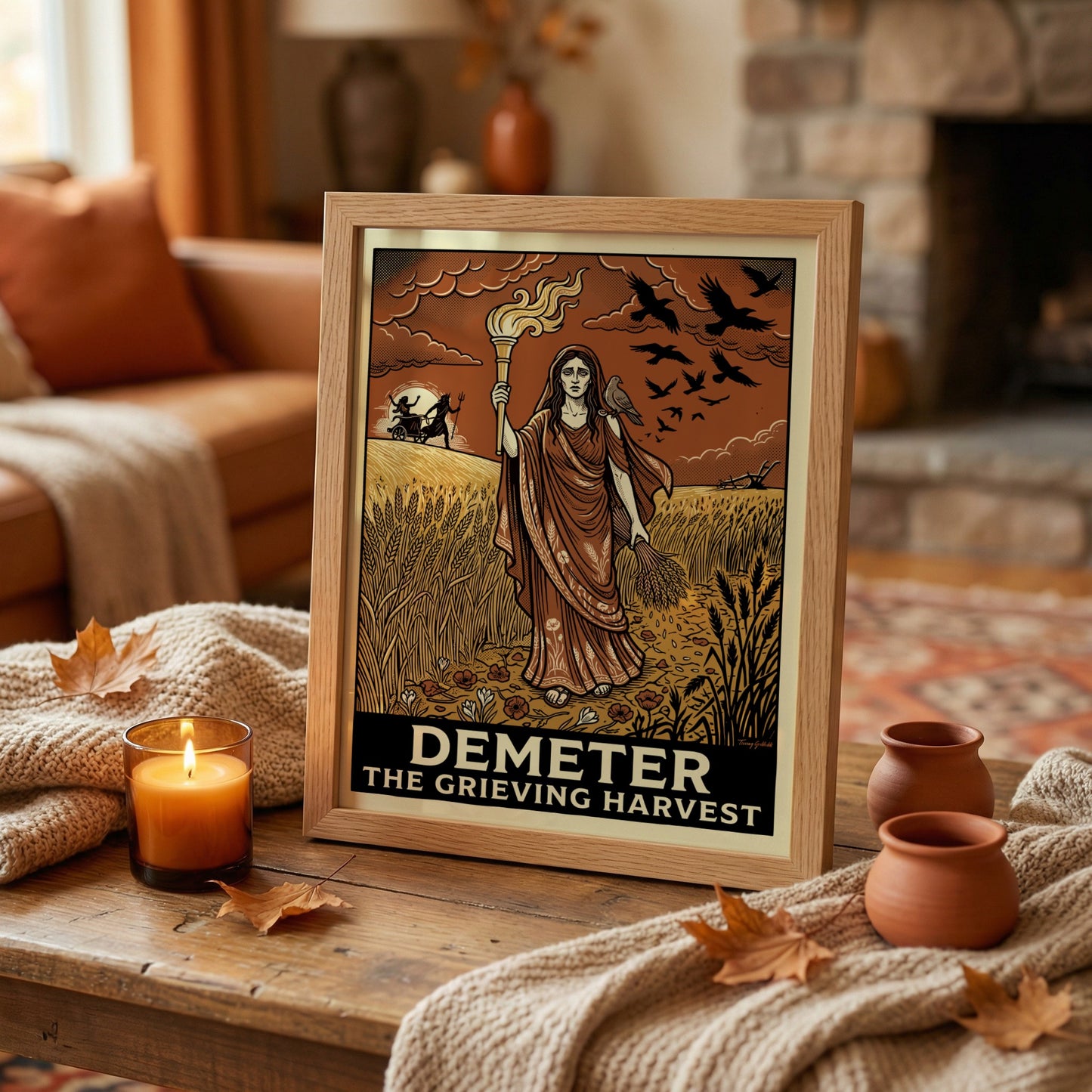 Demeter Greek Mythology Poster featuring the goddess of harvest holding a torch and wheat in vintage style.