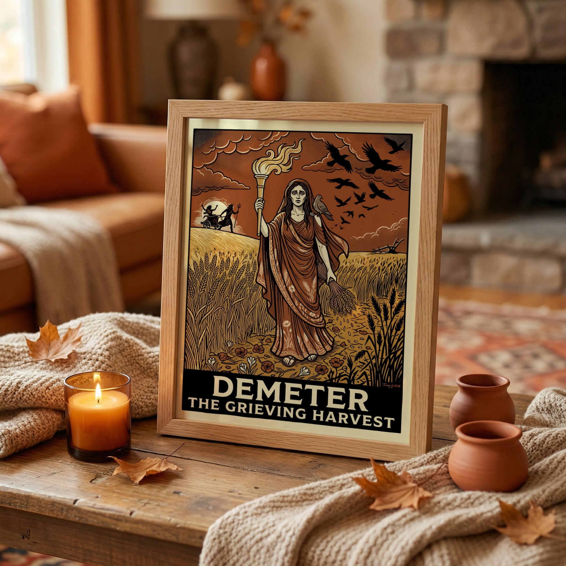 Demeter Greek Mythology Poster featuring the goddess of harvest holding a torch and wheat in vintage style.