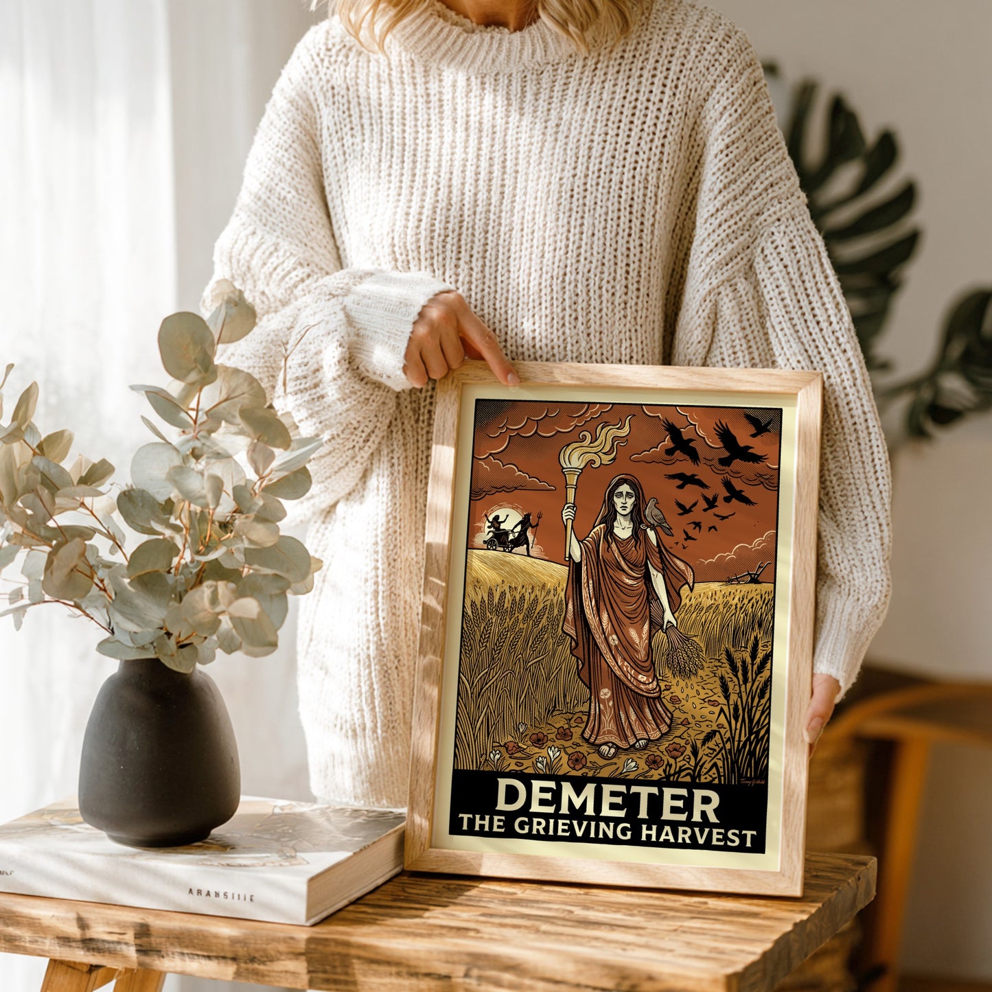 Demeter Greek Mythology Poster featuring the goddess of harvest holding a torch and wheat in vintage style.
