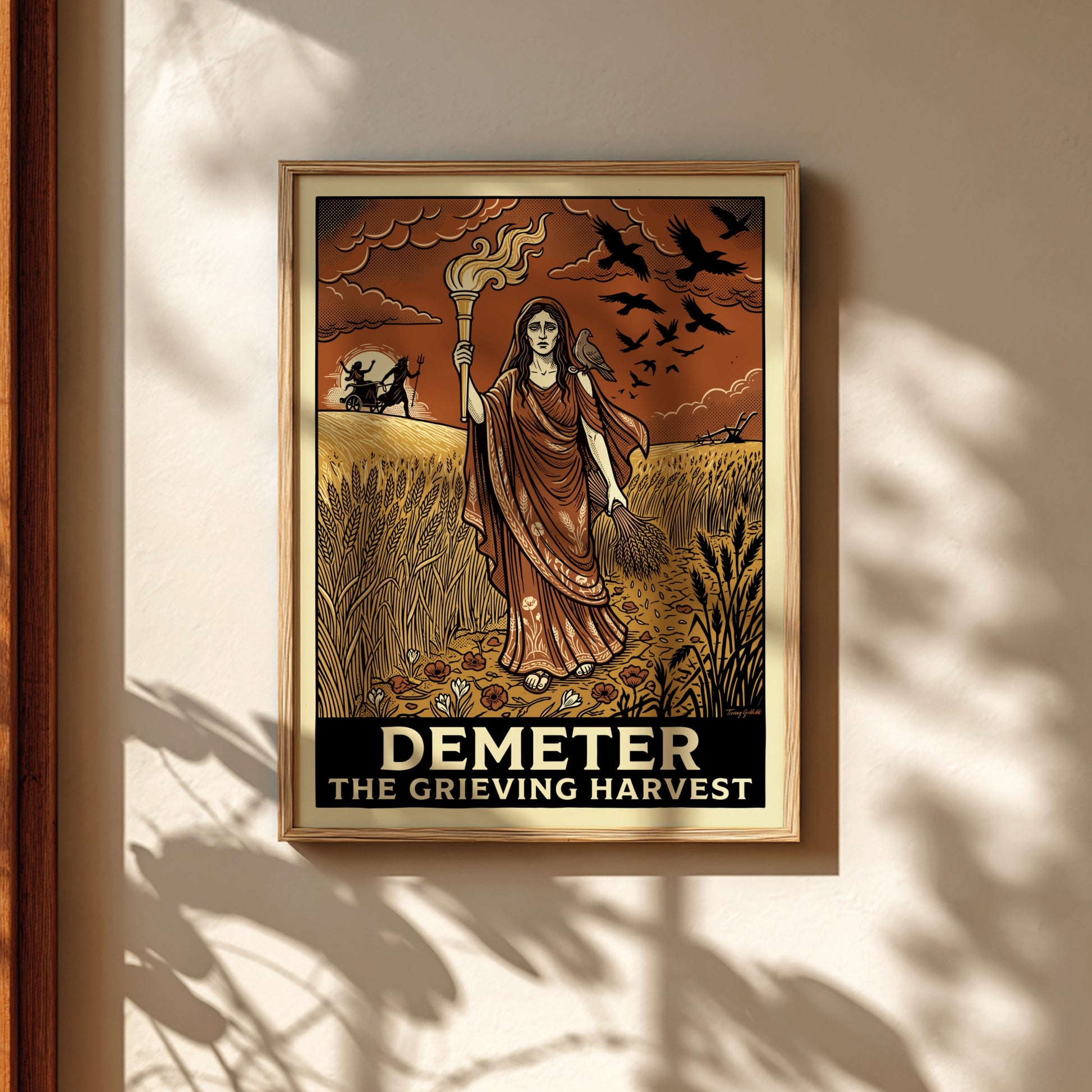 Demeter Greek Mythology Poster featuring the goddess of harvest holding a torch and wheat in vintage style.