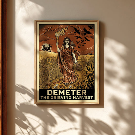 Demeter Greek Mythology Poster featuring the goddess of harvest holding a torch and wheat in vintage style.