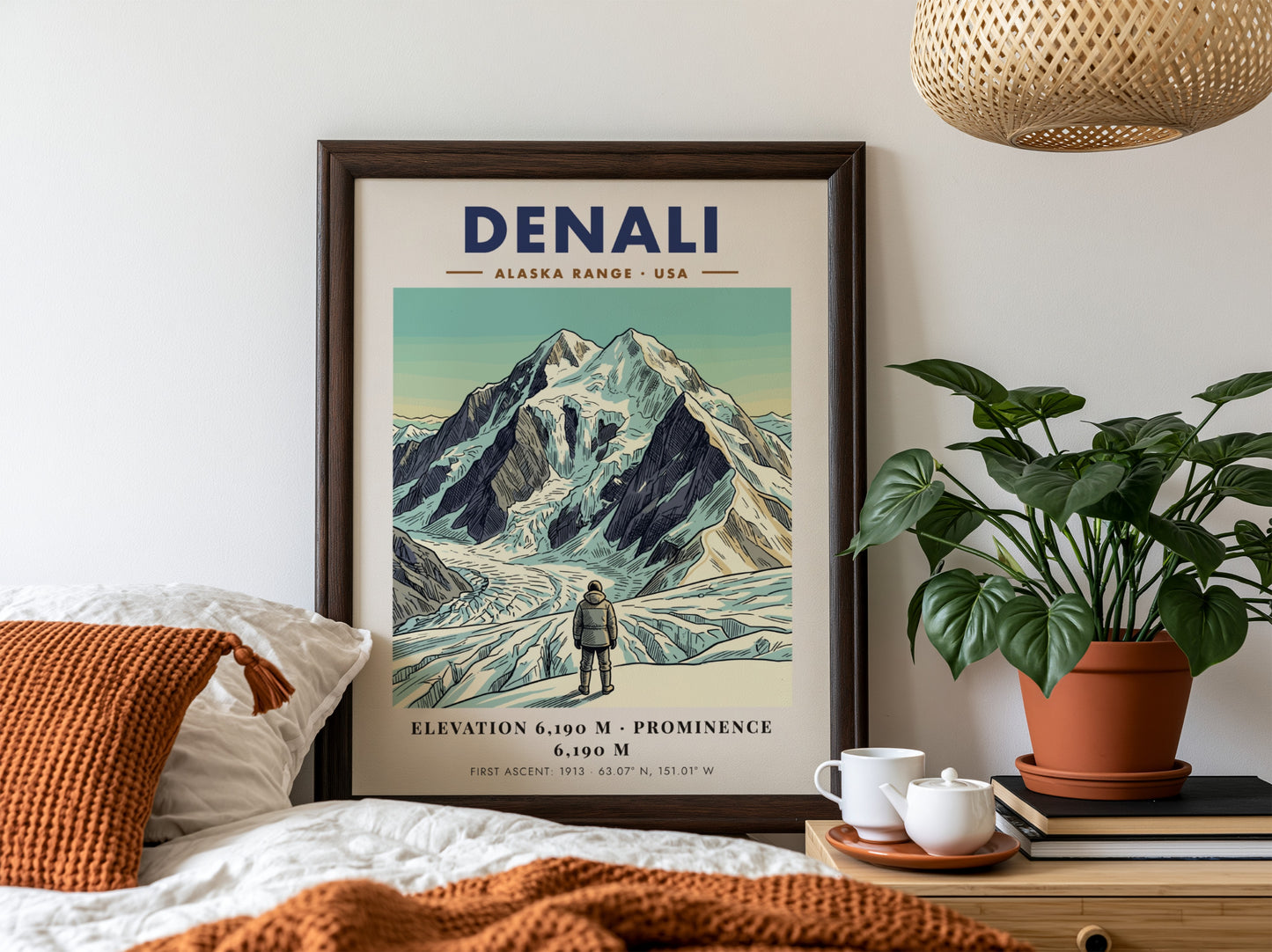 Poster of Denali in the Alaska Range with a climber looking at mountains
