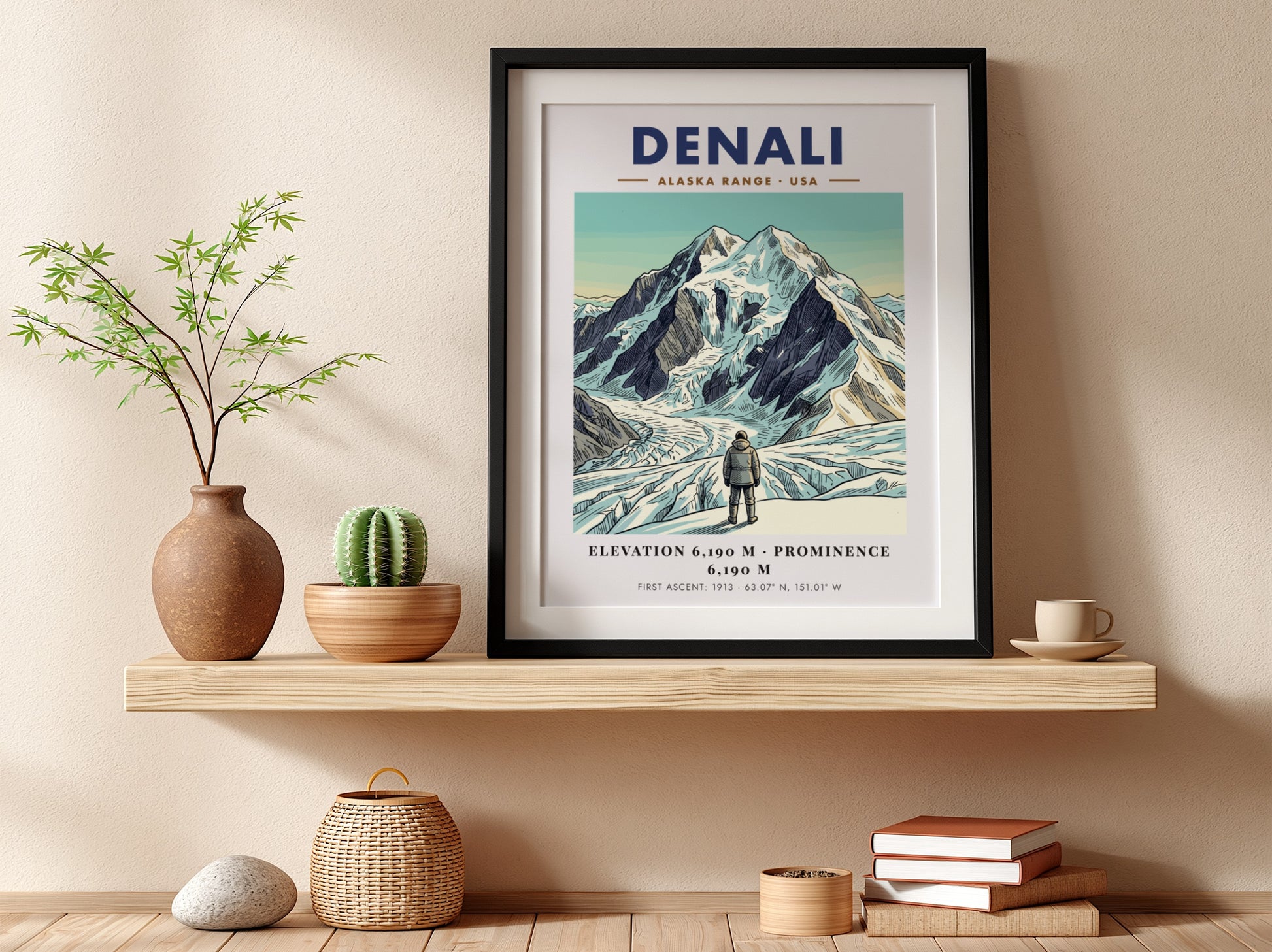 Poster of Denali in the Alaska Range with a climber looking at mountains