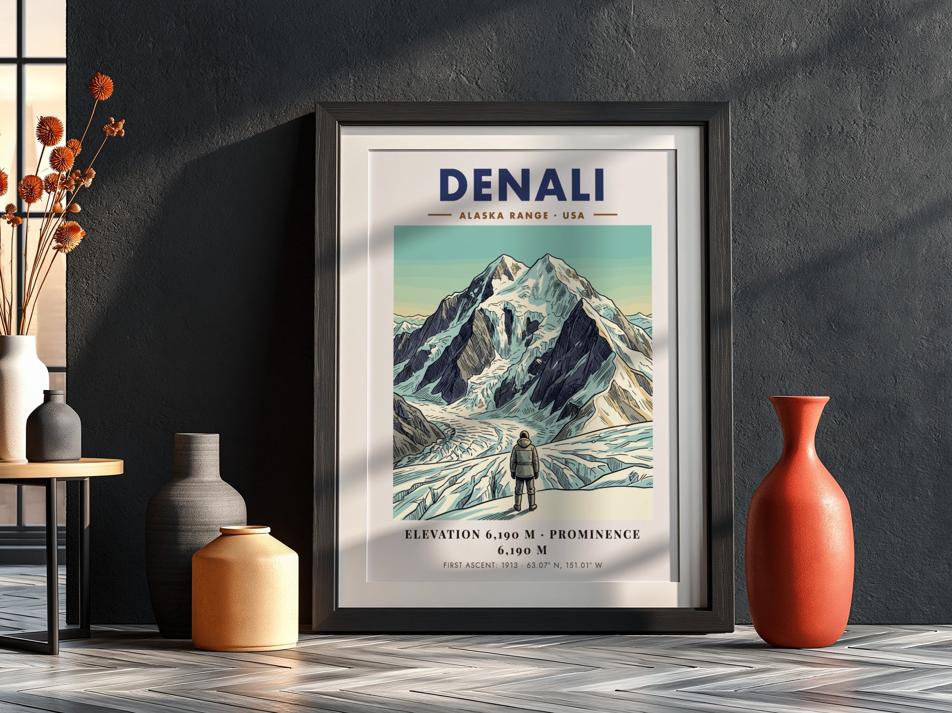 Poster of Denali in the Alaska Range with a climber looking at mountains