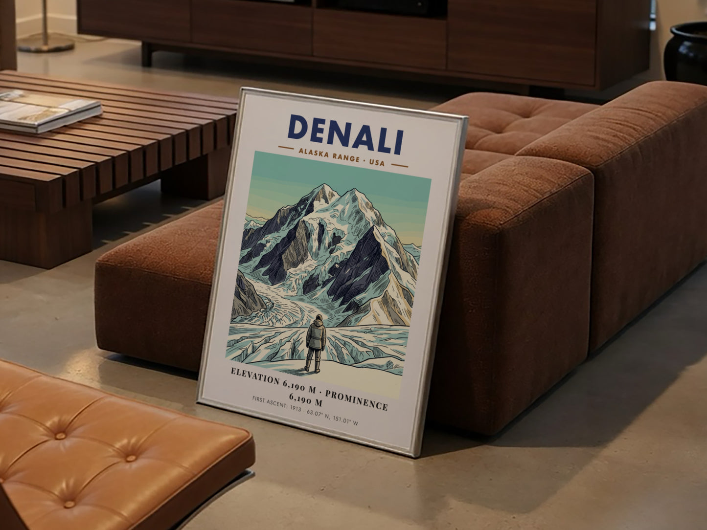 Poster of Denali in the Alaska Range with a climber looking at mountains