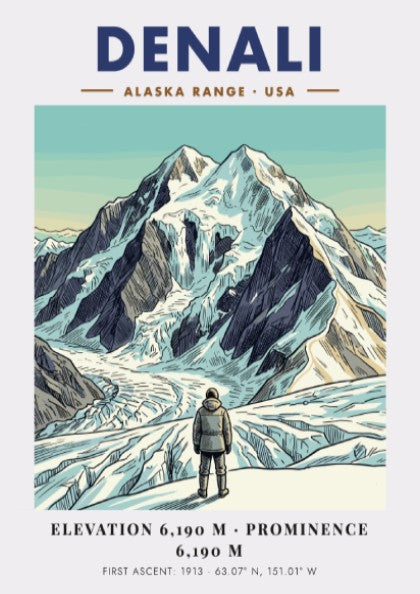 Poster of Denali in the Alaska Range with a climber looking at mountains