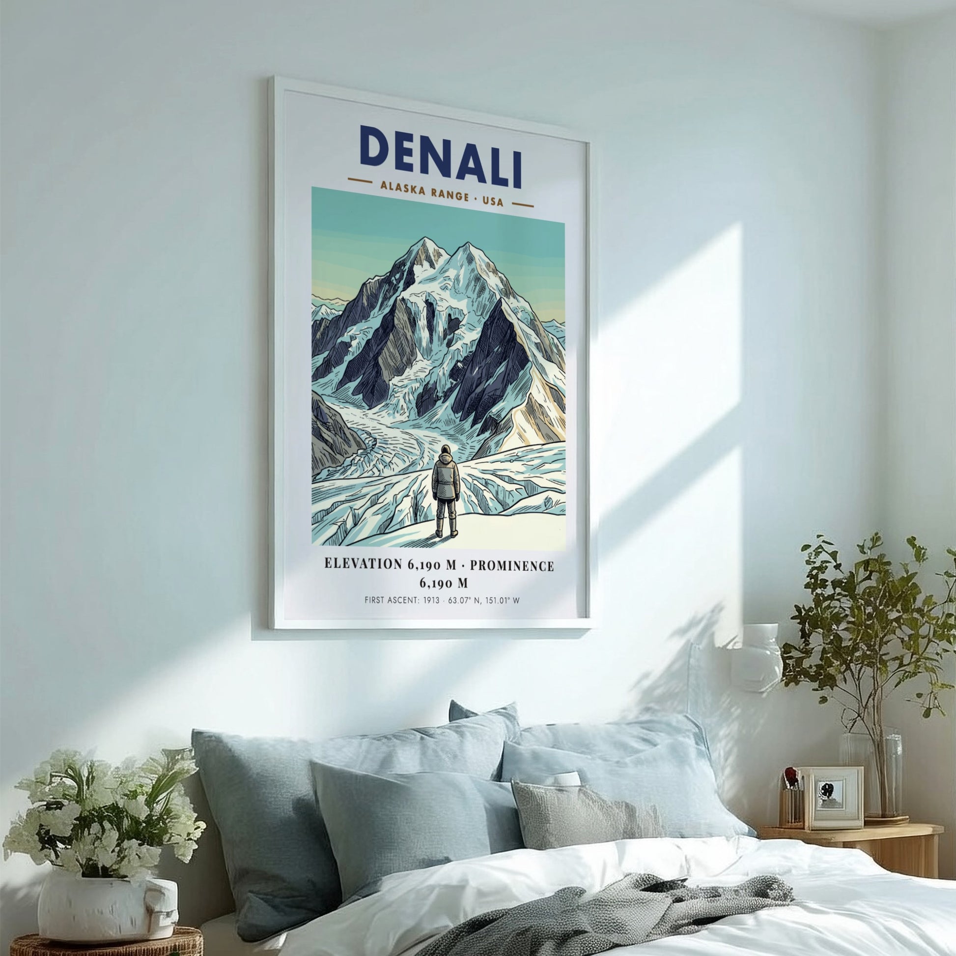 Poster of Denali in the Alaska Range with a climber looking at mountains