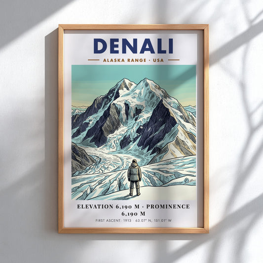 Poster of Denali in the Alaska Range with a climber looking at mountains