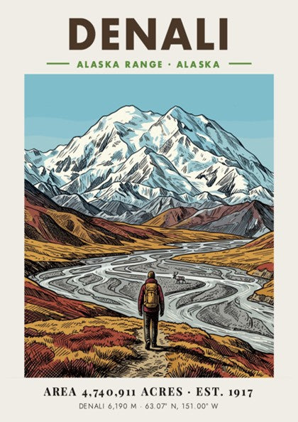 Poster of Denali mountains and a lone hiker in an Alaskan valley landscape.