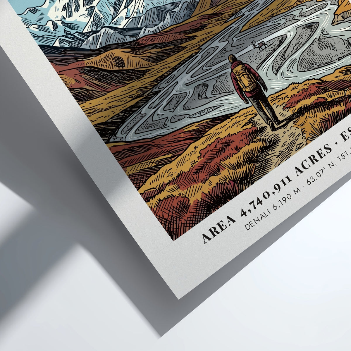 Poster of Denali mountains and a lone hiker in an Alaskan valley landscape.