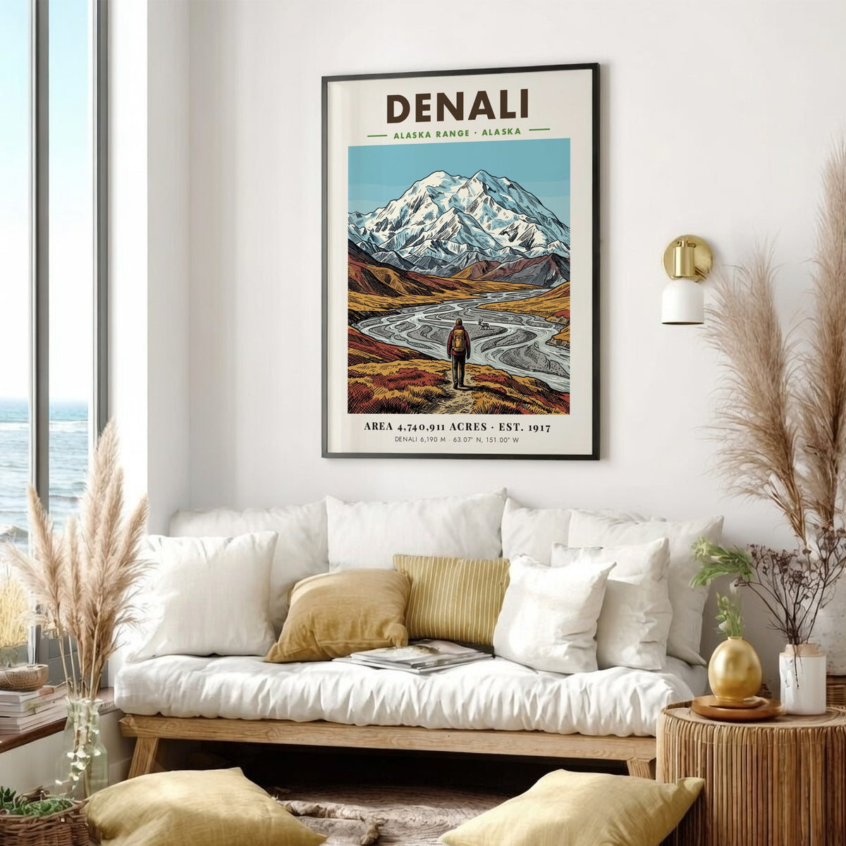Poster of Denali mountains and a lone hiker in an Alaskan valley landscape.