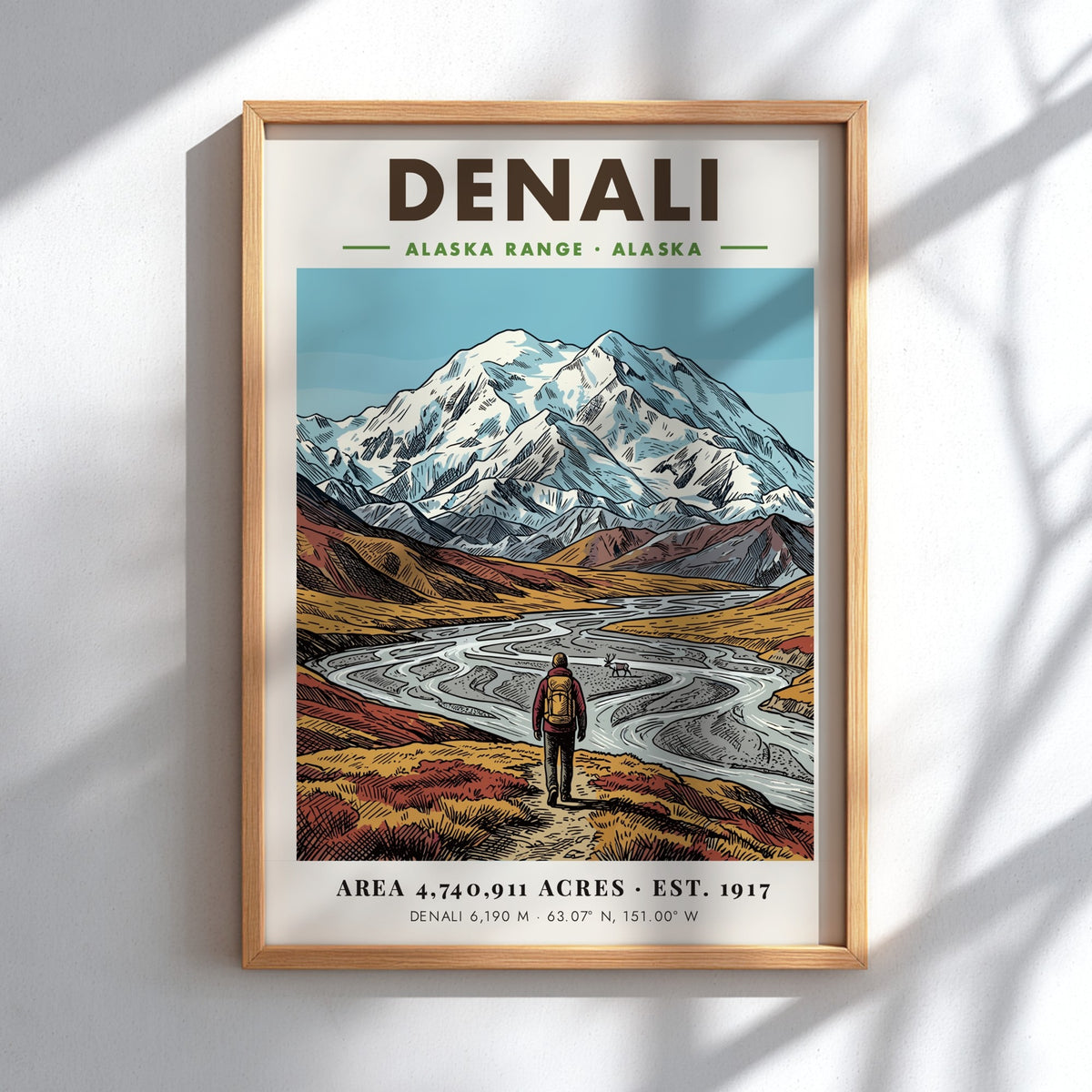 Poster of Denali mountains and a lone hiker in an Alaskan valley landscape.