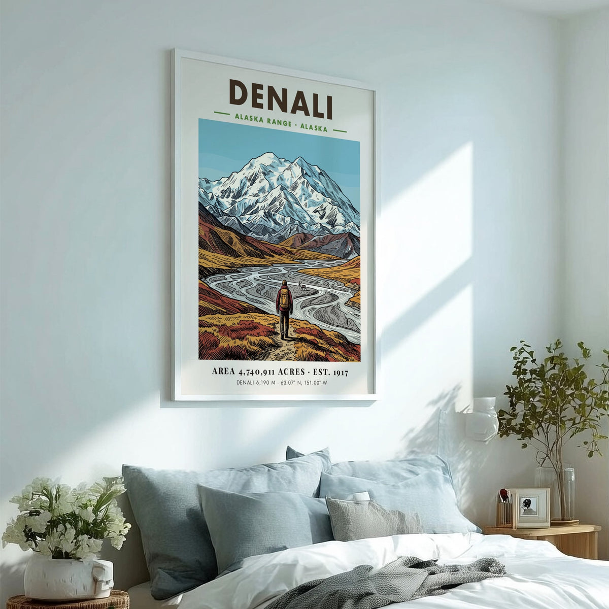 Poster of Denali mountains and a lone hiker in an Alaskan valley landscape.