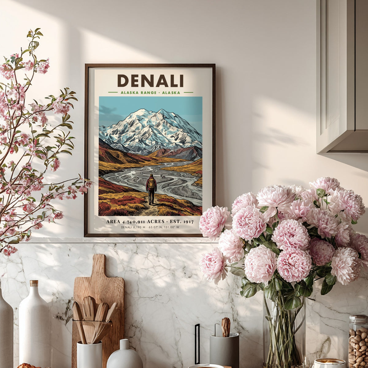 Poster of Denali mountains and a lone hiker in an Alaskan valley landscape.