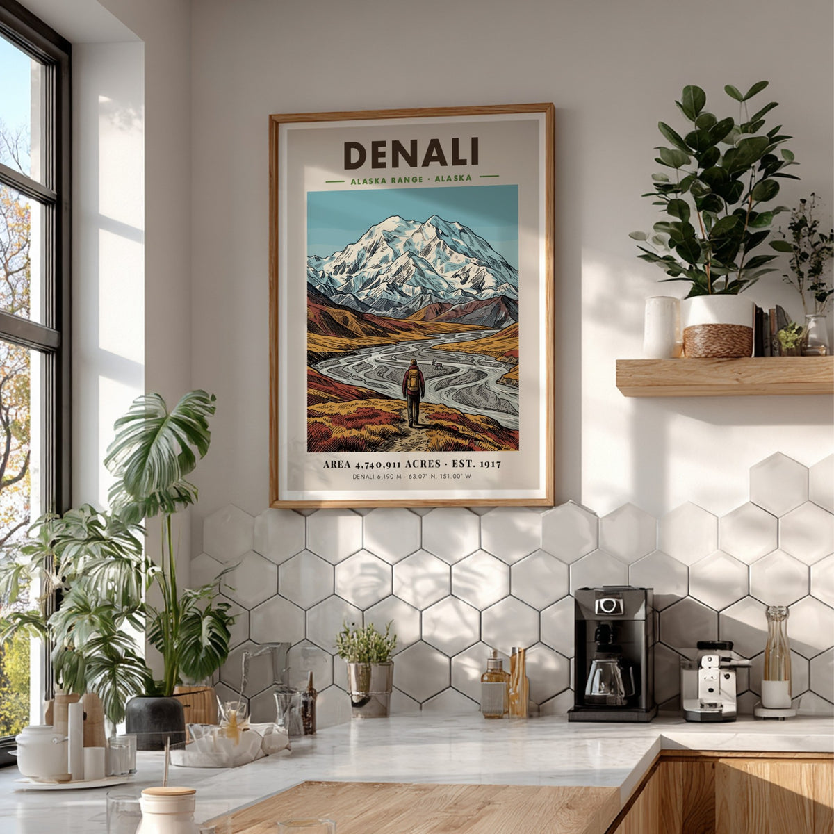 Poster of Denali mountains and a lone hiker in an Alaskan valley landscape.