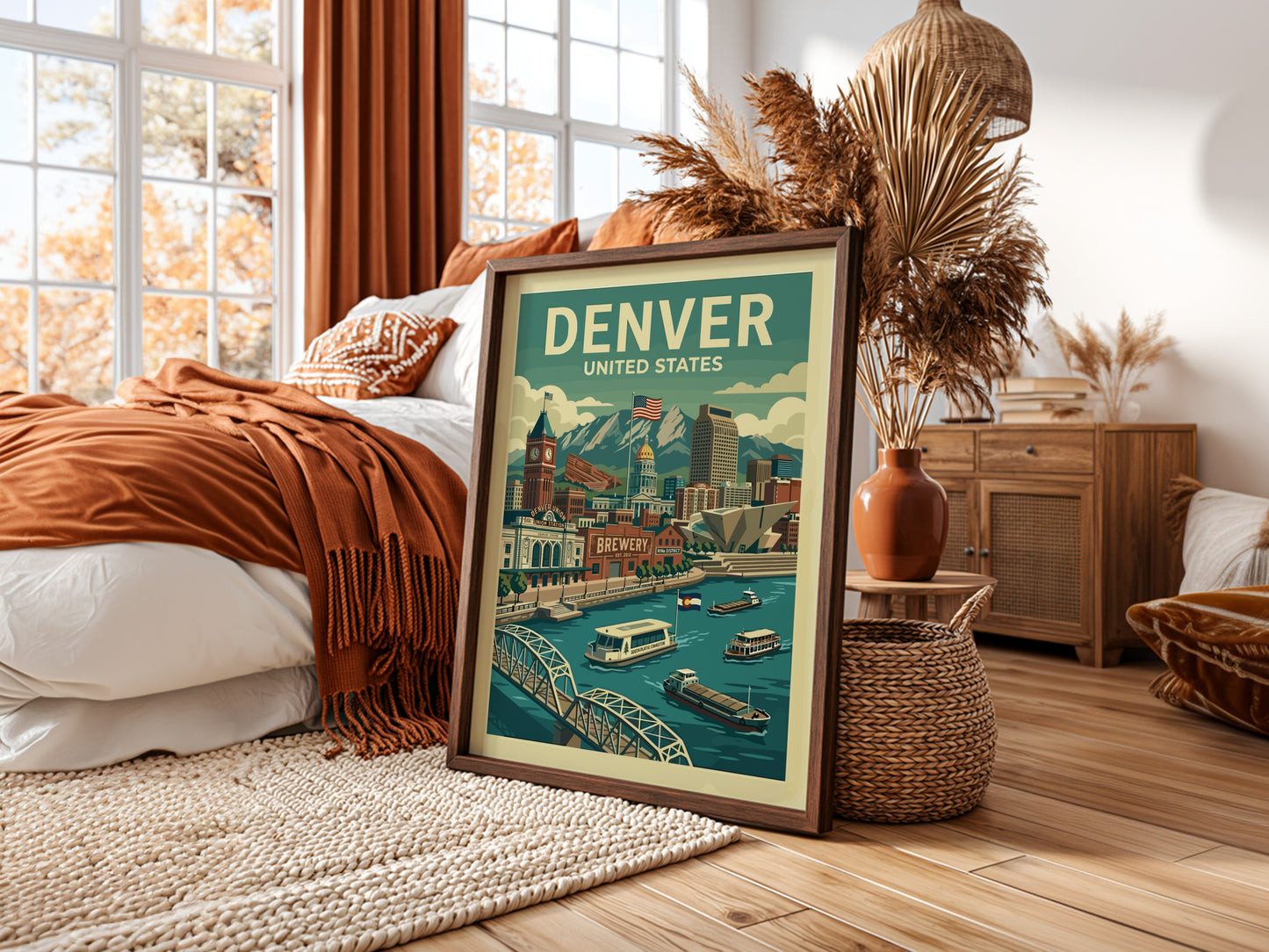 Retro Denver travel poster featuring cityscape, mountains, and river in a vintage illustration style.