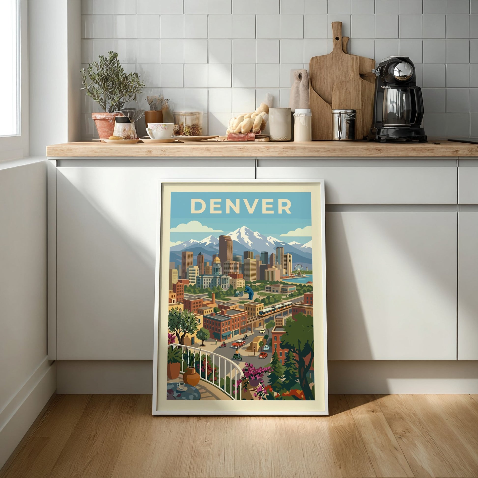 Retro Denver skyline poster with mountains, featuring a cityscape illustration in a warm color palette.
