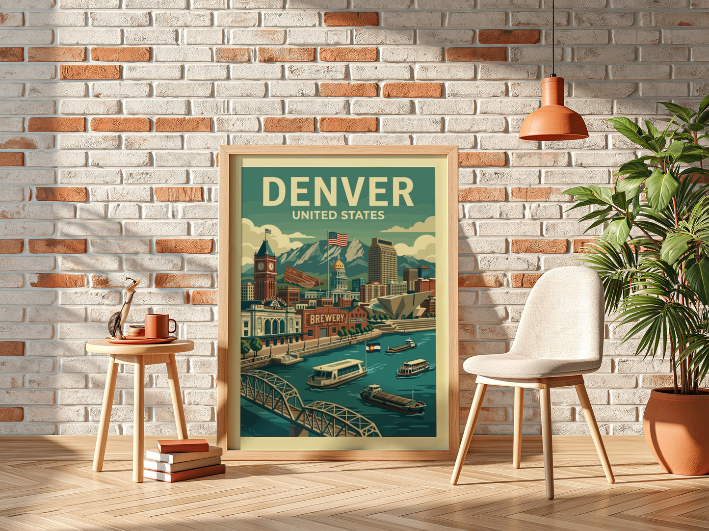 Retro Denver travel poster featuring cityscape, mountains, and river in a vintage illustration style.