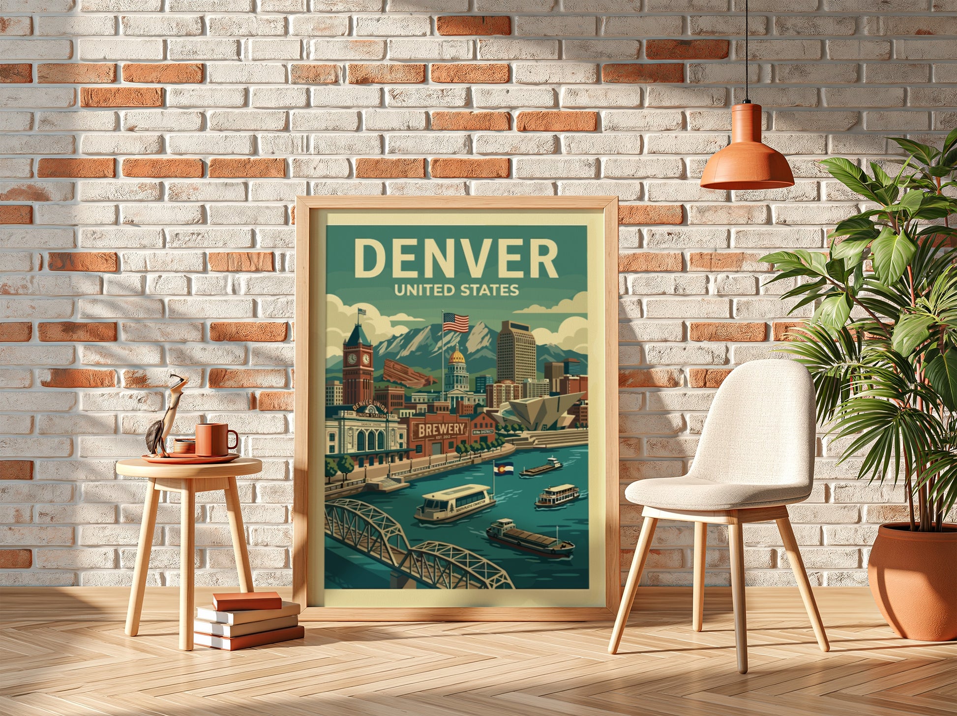 Retro Denver travel poster featuring cityscape, mountains, and river in a vintage illustration style.