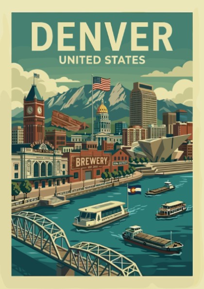 Retro Denver travel poster featuring cityscape, mountains, and river in a vintage illustration style.