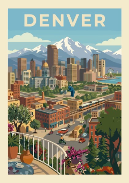 Retro Denver skyline poster with mountains, featuring a cityscape illustration in a warm color palette.