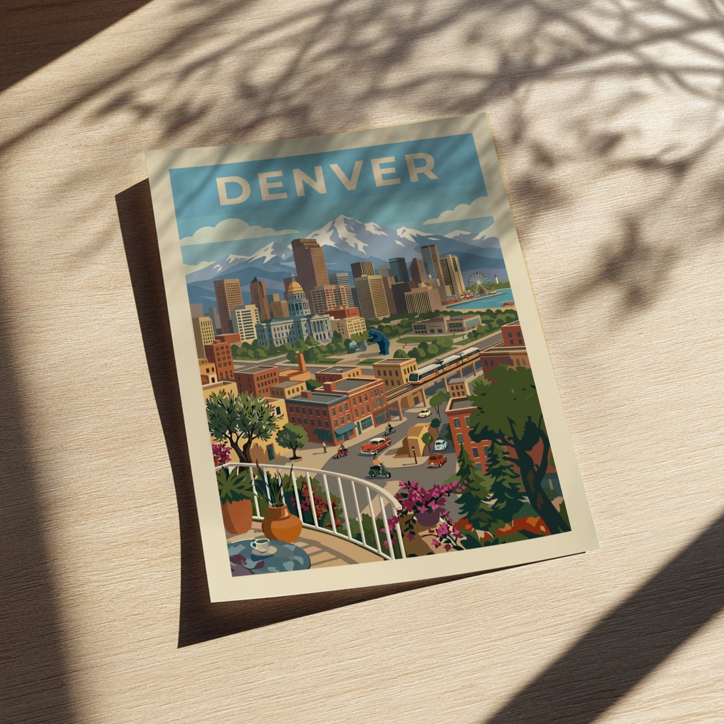 Retro Denver skyline poster with mountains, featuring a cityscape illustration in a warm color palette.