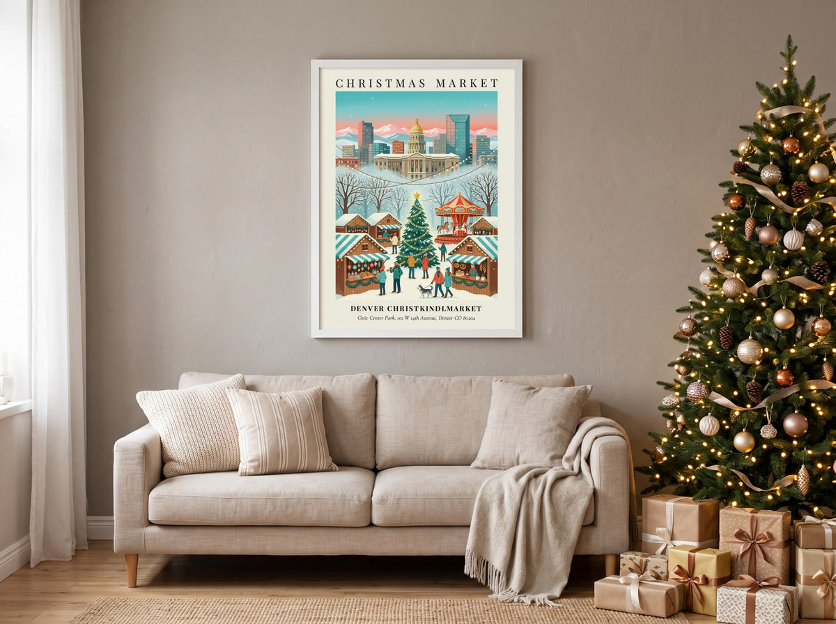 Poster of Denver Christkindlmarket featuring the state capitol building, snowy stalls, and a carousel.