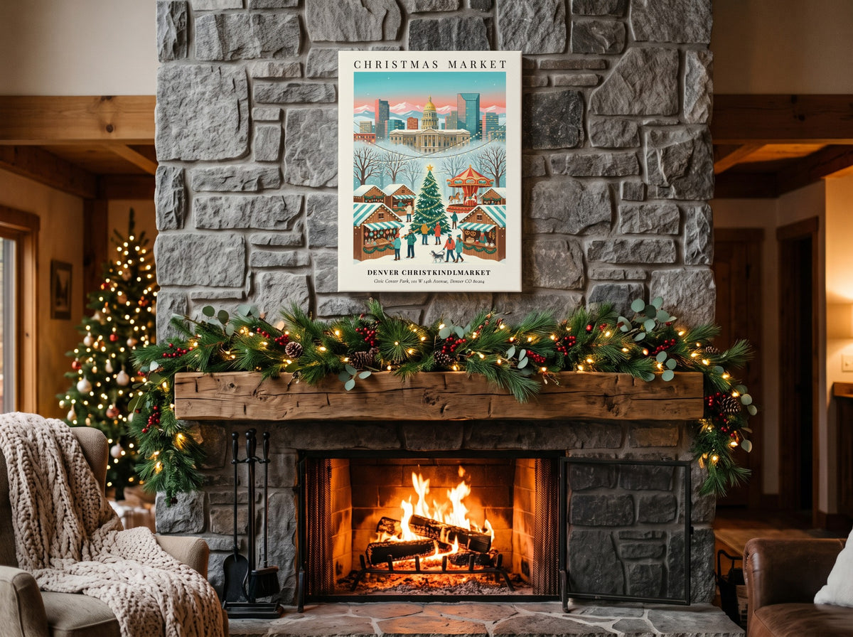 Poster of Denver Christkindlmarket featuring the state capitol building, snowy stalls, and a carousel.