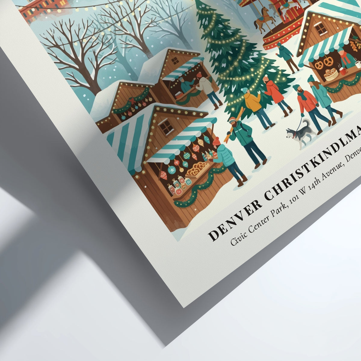 Poster of Denver Christkindlmarket featuring the state capitol building, snowy stalls, and a carousel.