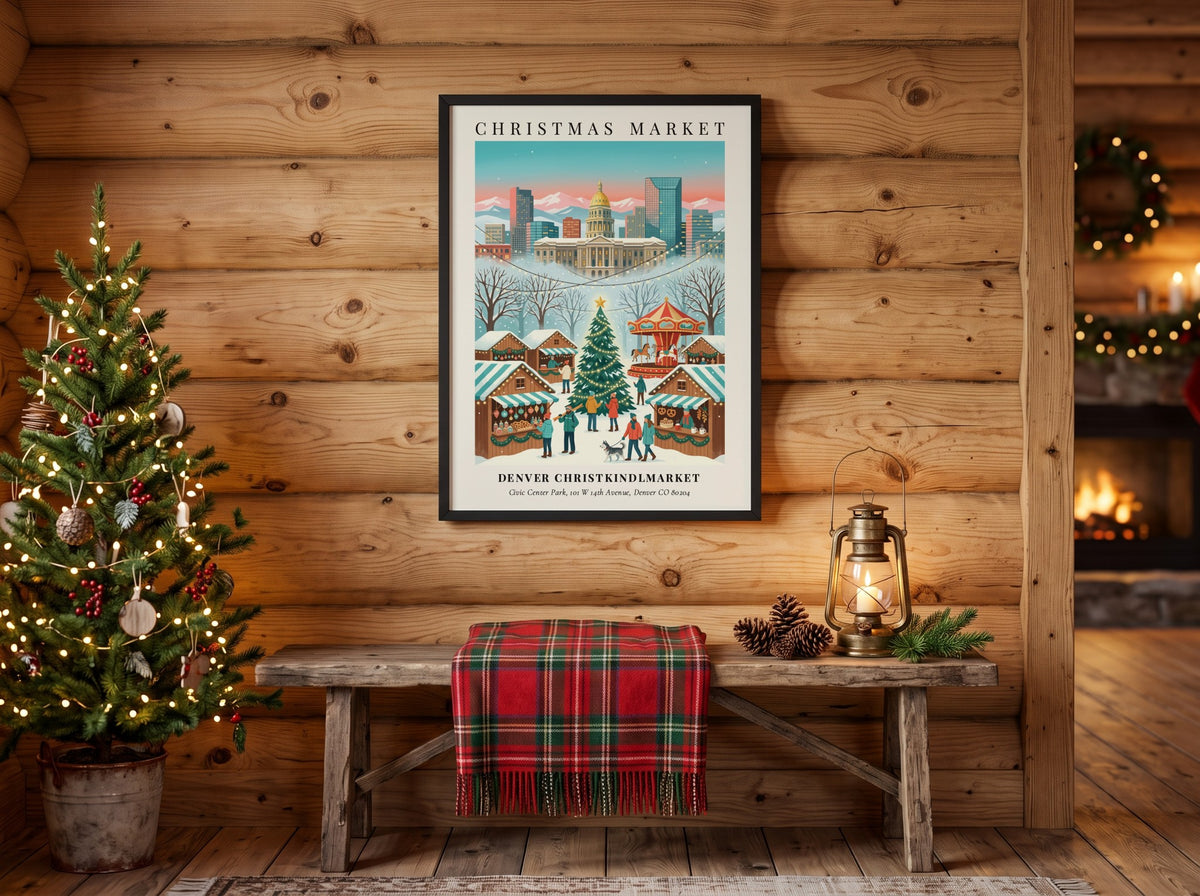 Poster of Denver Christkindlmarket featuring the state capitol building, snowy stalls, and a carousel.