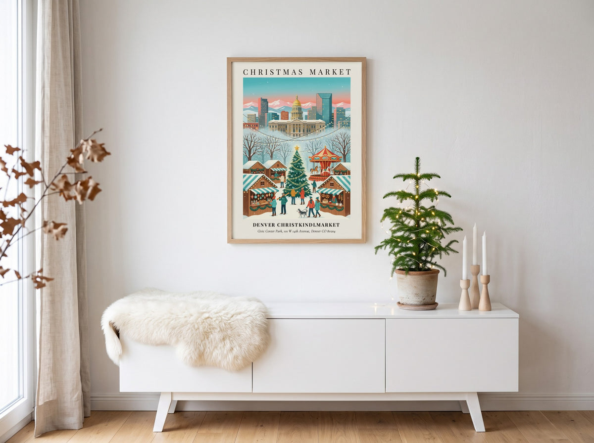 Poster of Denver Christkindlmarket featuring the state capitol building, snowy stalls, and a carousel.