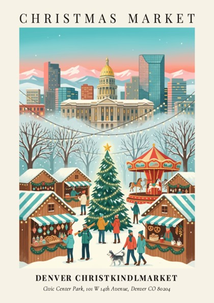 Poster of Denver Christkindlmarket featuring the state capitol building, snowy stalls, and a carousel.