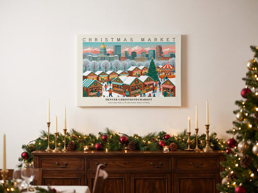 Denver Christkindlmarket poster featuring snowy festive stalls, the Colorado State Capitol, and mountain