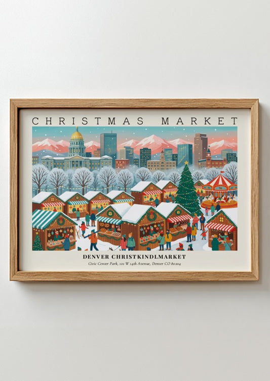 Denver Christkindlmarket poster featuring snowy festive stalls, the Colorado State Capitol, and mountain