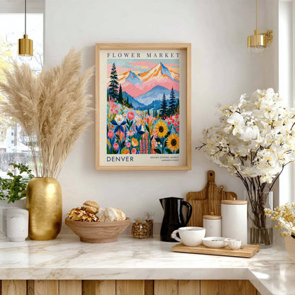Flower market poster featuring colorful flowers and mountains in Denver, vibrant cityscape art for home decor