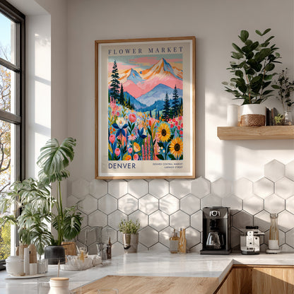 Flower market poster featuring colorful flowers and mountains in Denver, vibrant cityscape art for home decor
