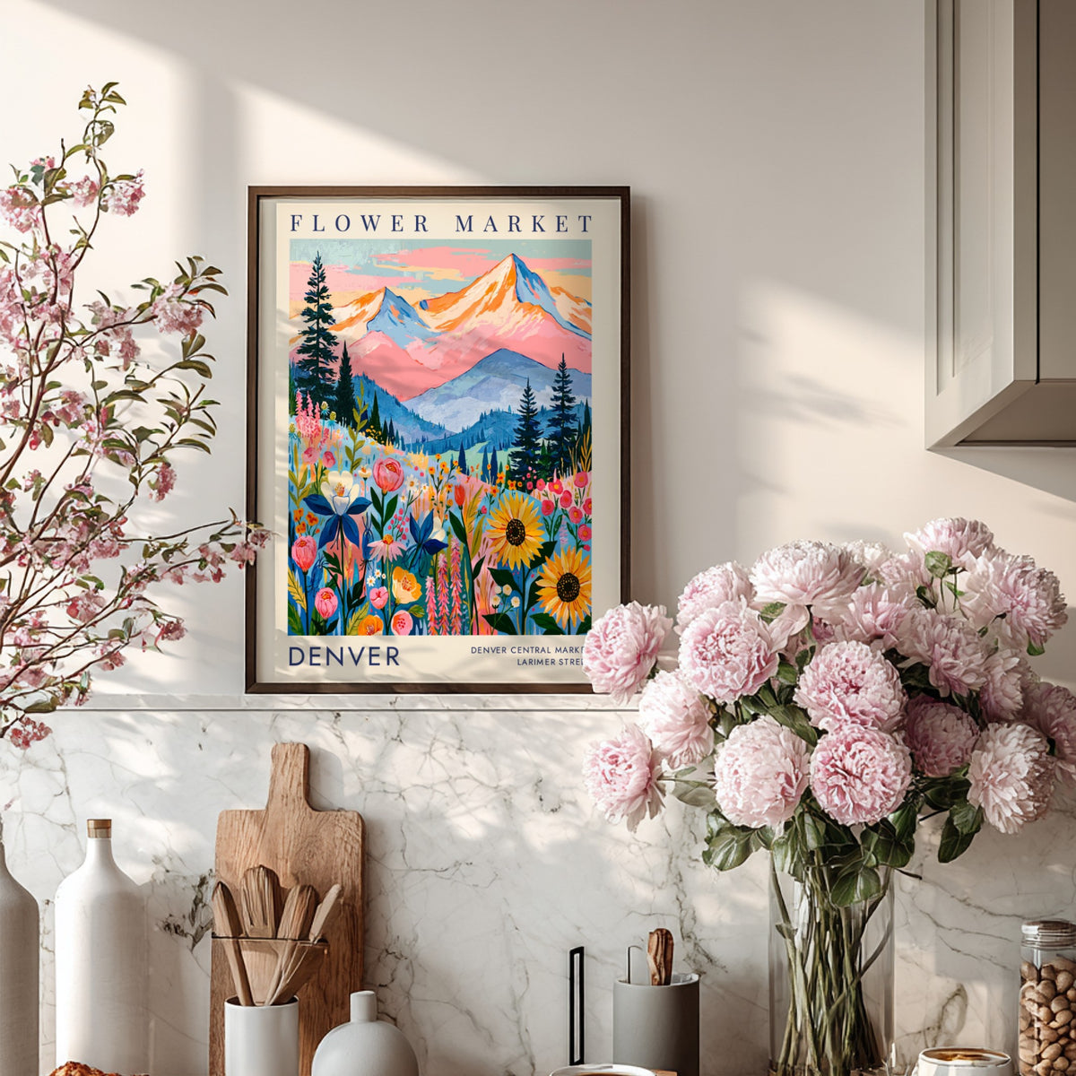 Flower market poster featuring colorful flowers and mountains in Denver, vibrant cityscape art for home decor