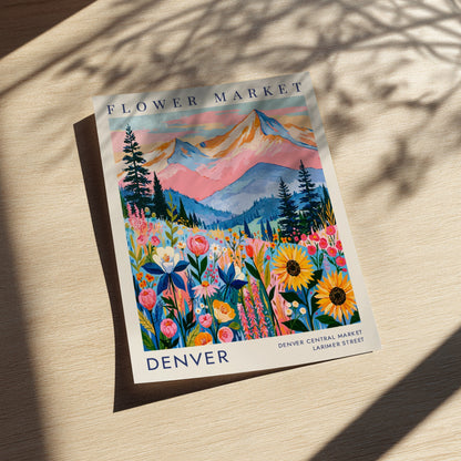 Flower market poster featuring colorful flowers and mountains in Denver, vibrant cityscape art for home decor