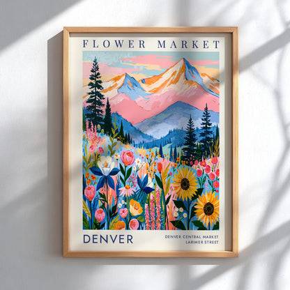 Flower market poster featuring colorful flowers and mountains in Denver, vibrant cityscape art for home decor