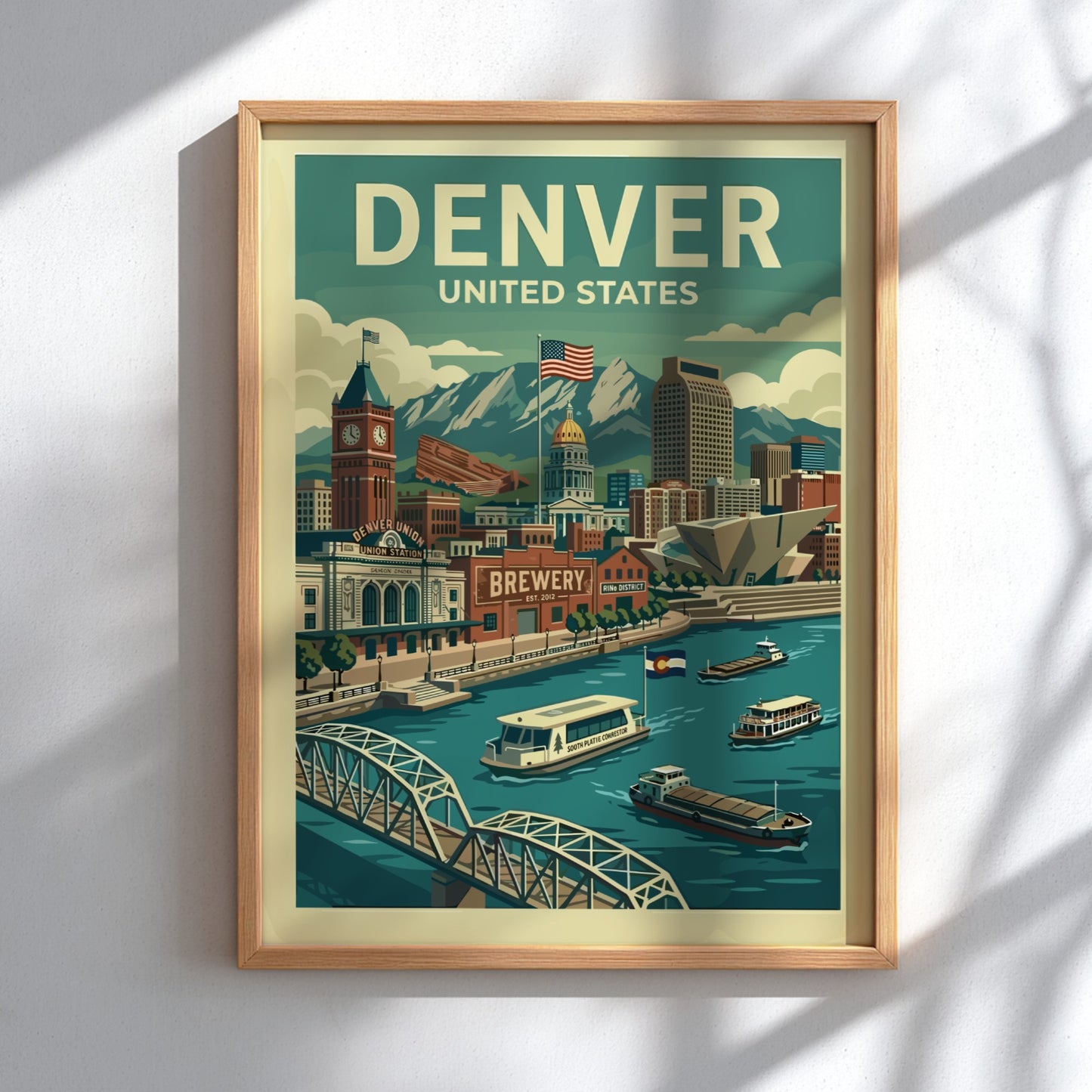 Retro Denver travel poster featuring cityscape, mountains, and river in a vintage illustration style.
