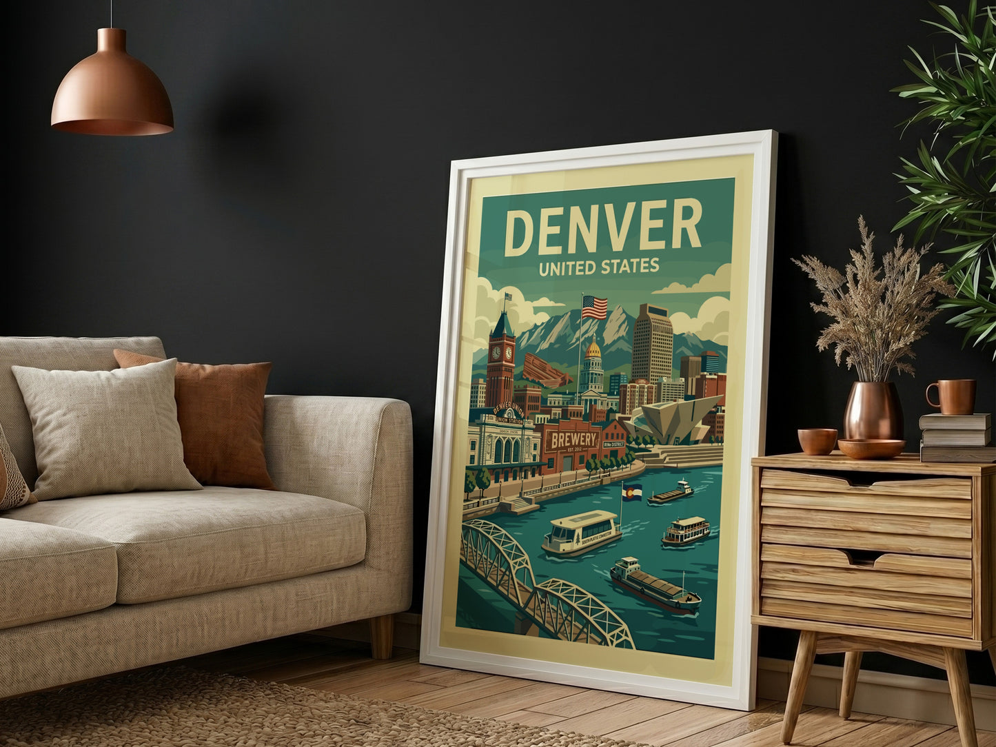 Retro Denver travel poster featuring cityscape, mountains, and river in a vintage illustration style.