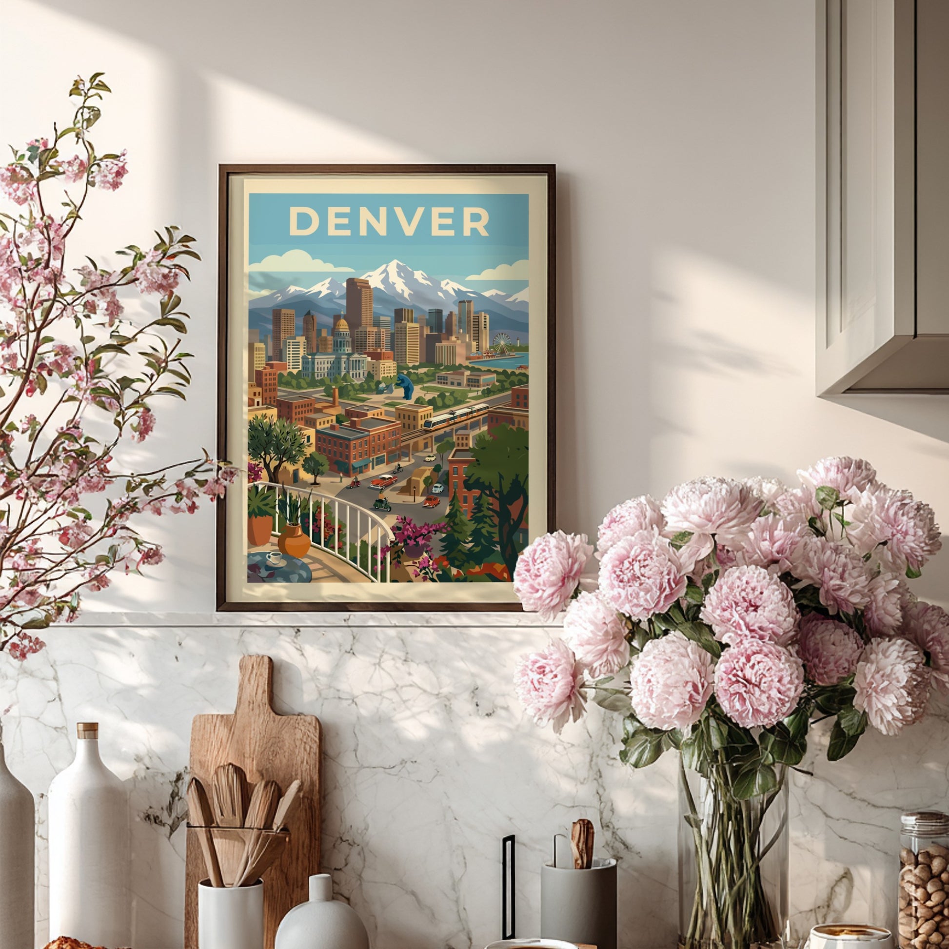 Retro Denver skyline poster with mountains, featuring a cityscape illustration in a warm color palette.