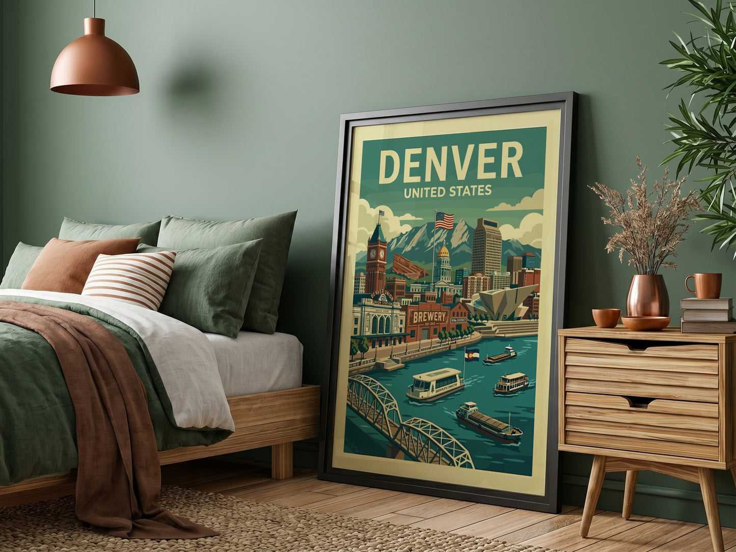 Retro Denver travel poster featuring cityscape, mountains, and river in a vintage illustration style.